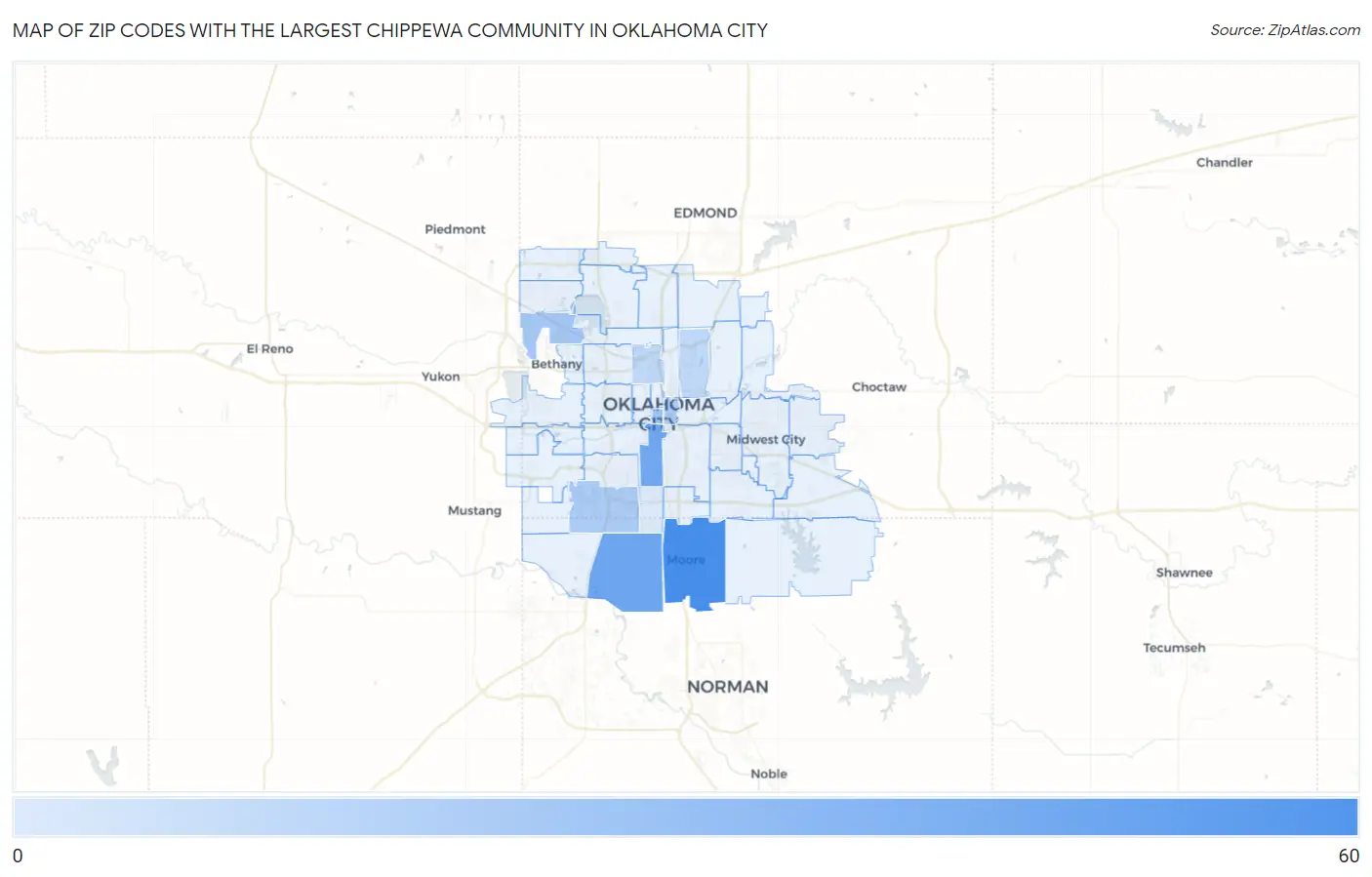 Zip Codes with the Largest Chippewa Community in Oklahoma City Map