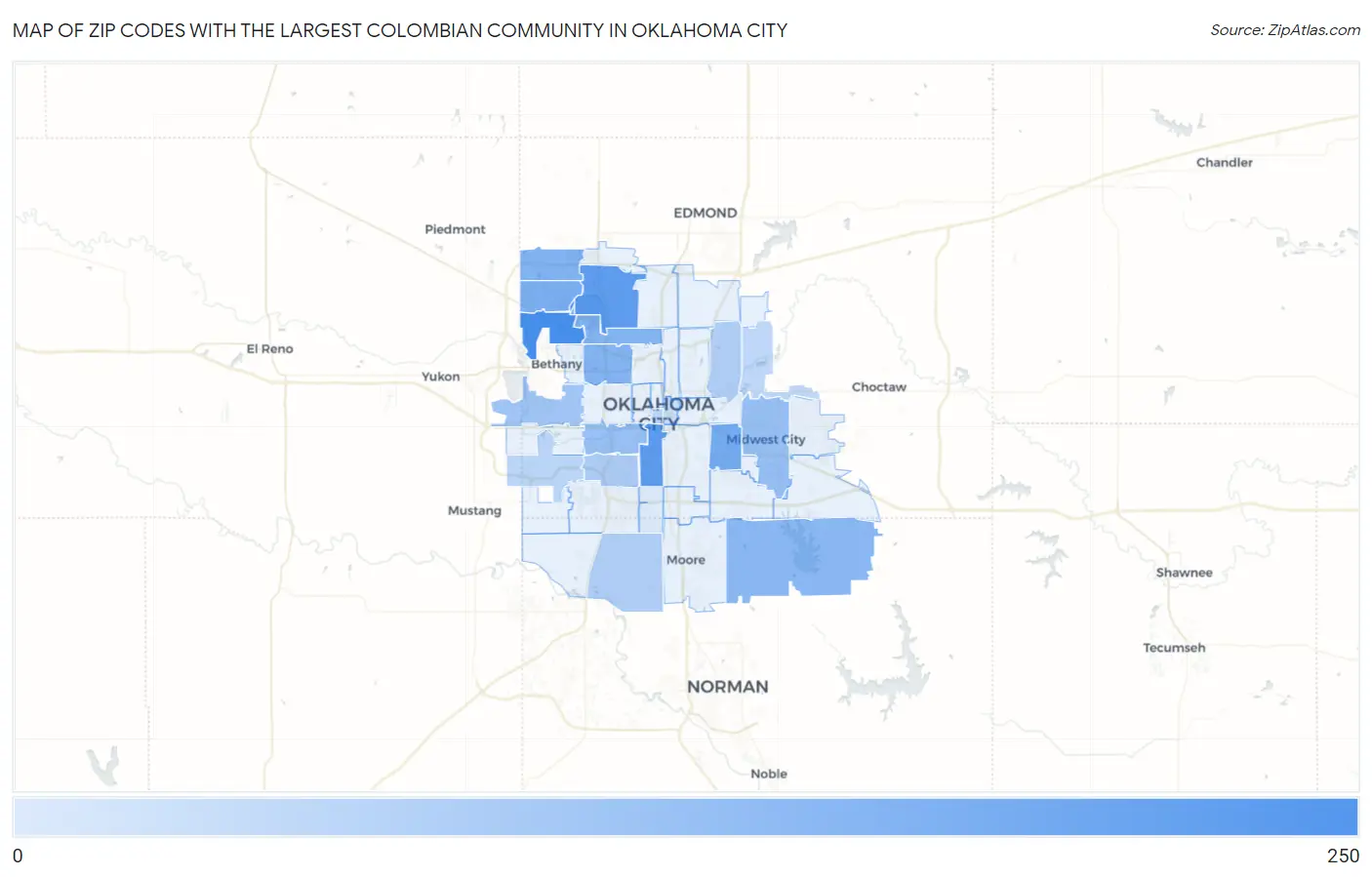 Zip Codes with the Largest Colombian Community in Oklahoma City Map