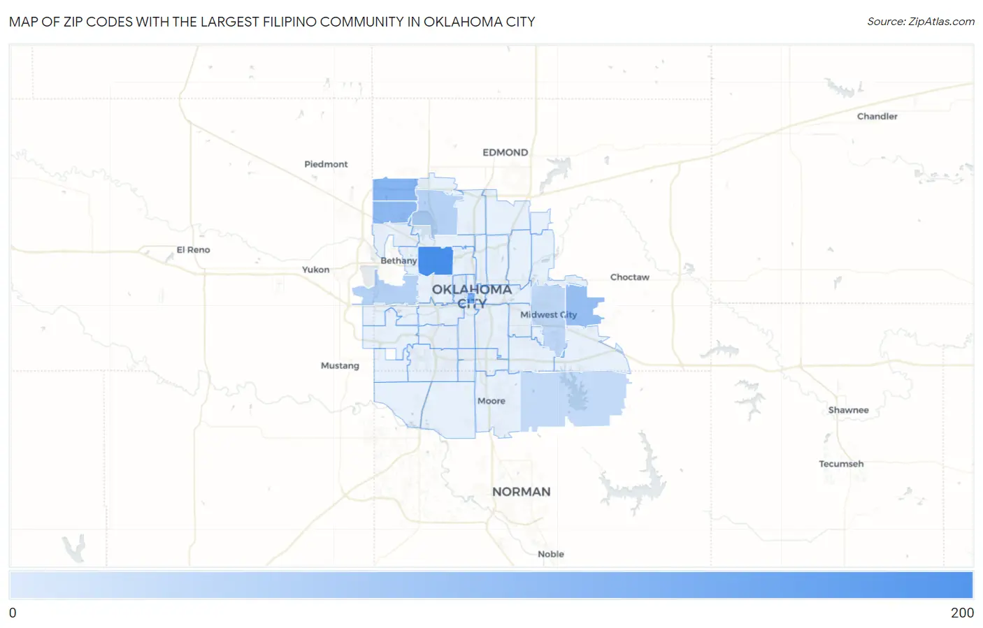 Zip Codes with the Largest Filipino Community in Oklahoma City Map