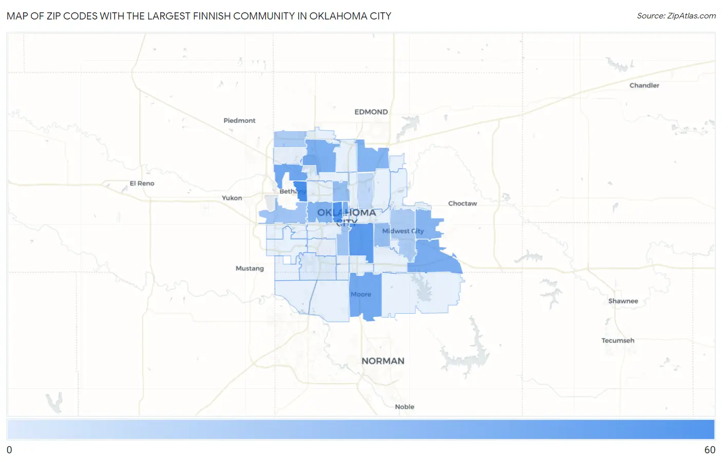 Zip Codes with the Largest Finnish Community in Oklahoma City Map