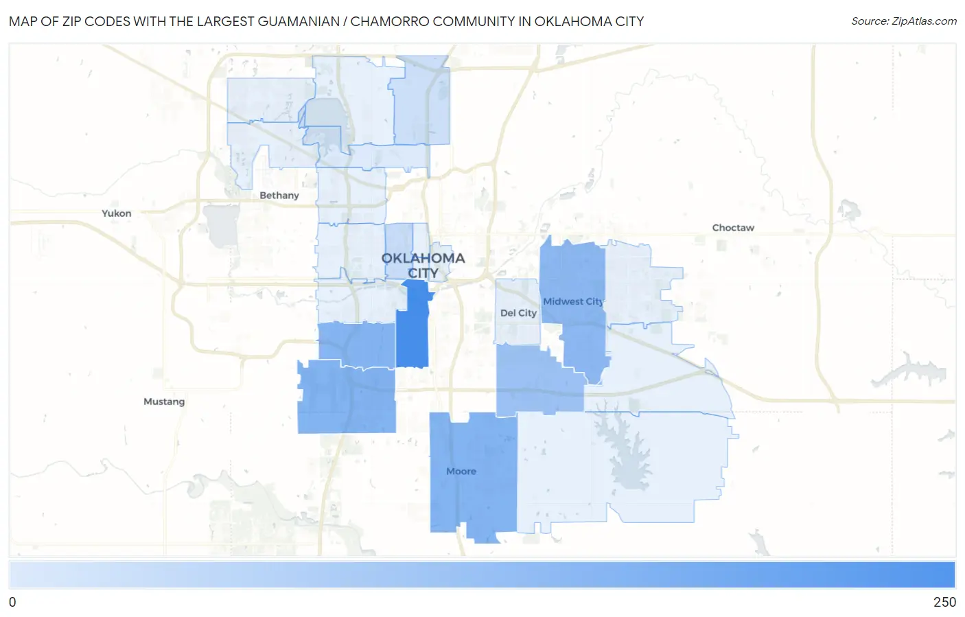 Zip Codes with the Largest Guamanian / Chamorro Community in Oklahoma City Map
