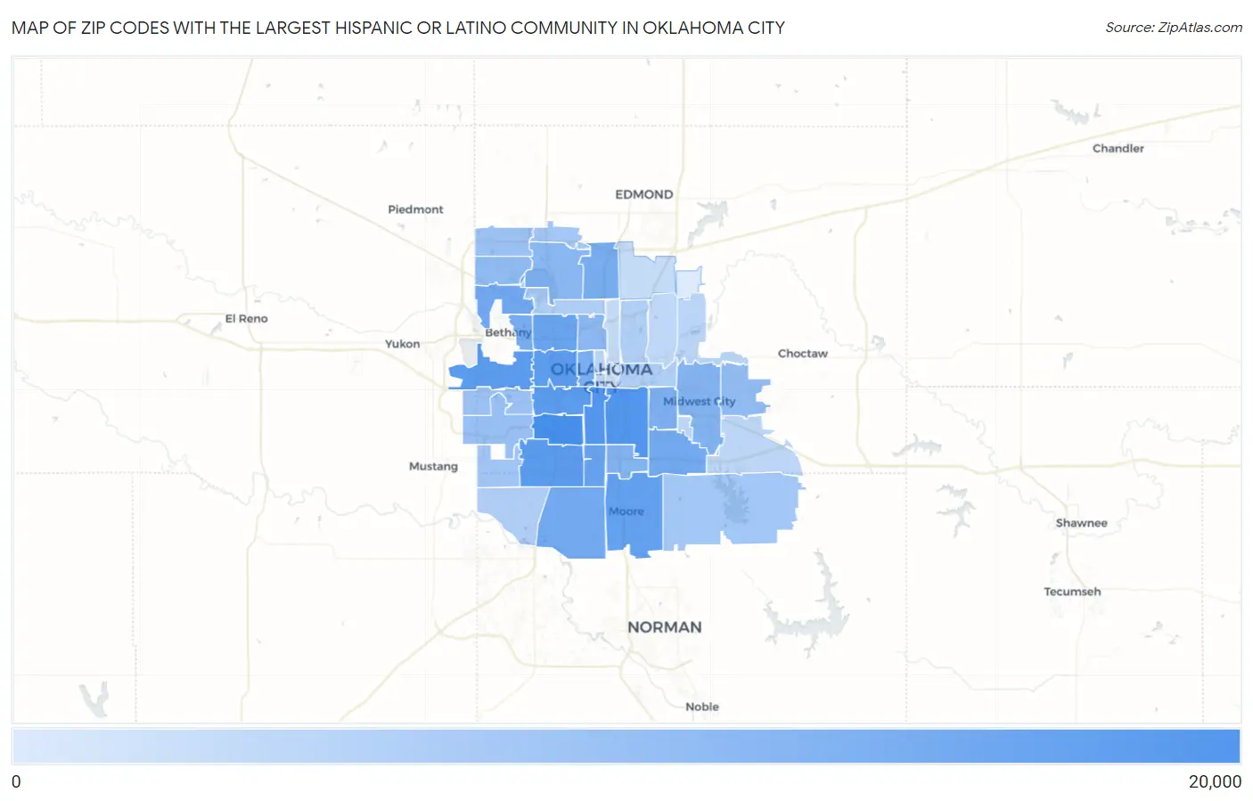 Zip Codes with the Largest Hispanic or Latino Community in Oklahoma City Map