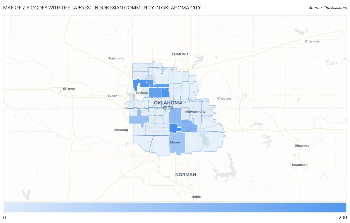 Zip Codes with the Largest Indonesian Community in Oklahoma City Map
