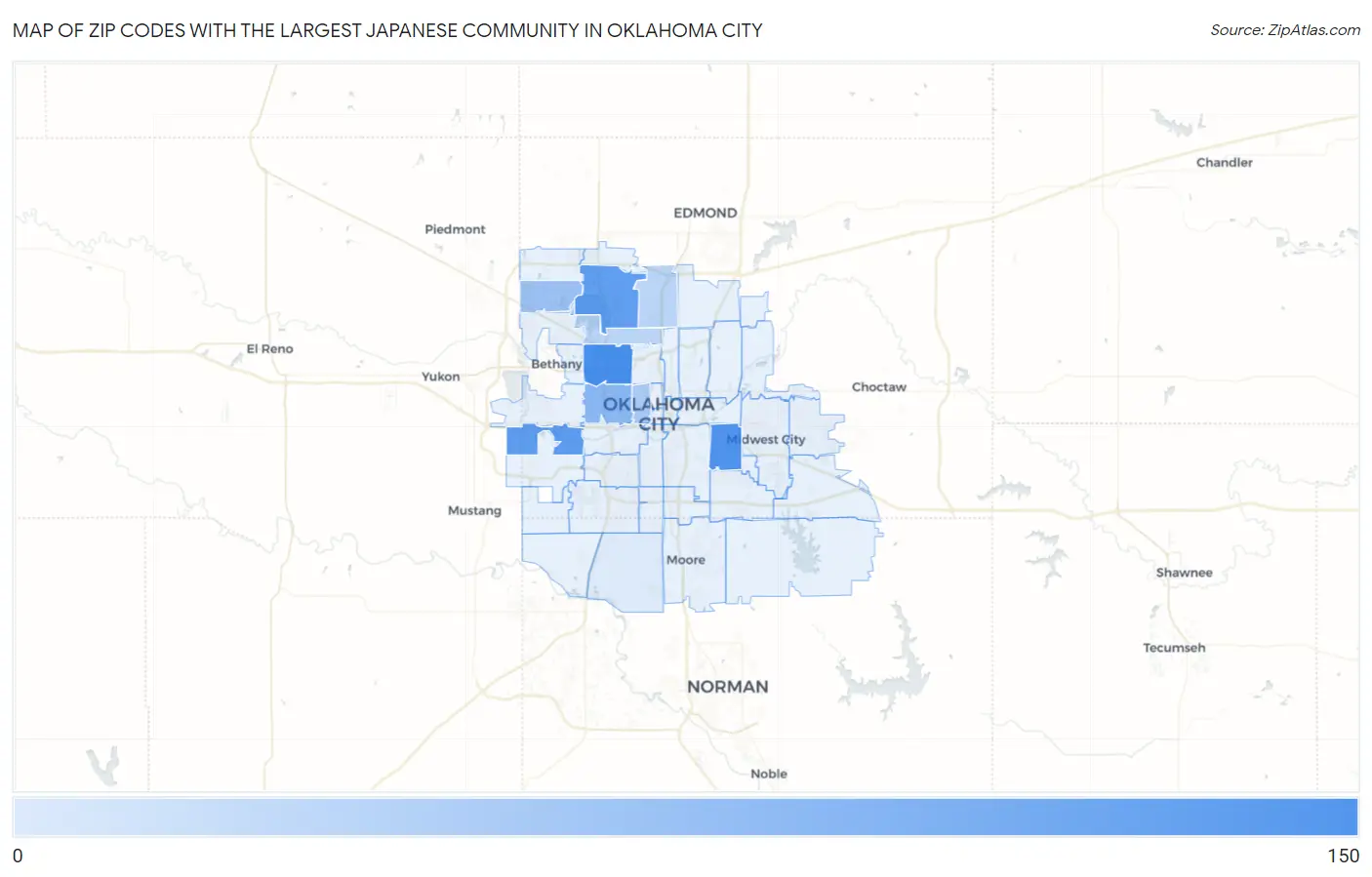 Zip Codes with the Largest Japanese Community in Oklahoma City Map