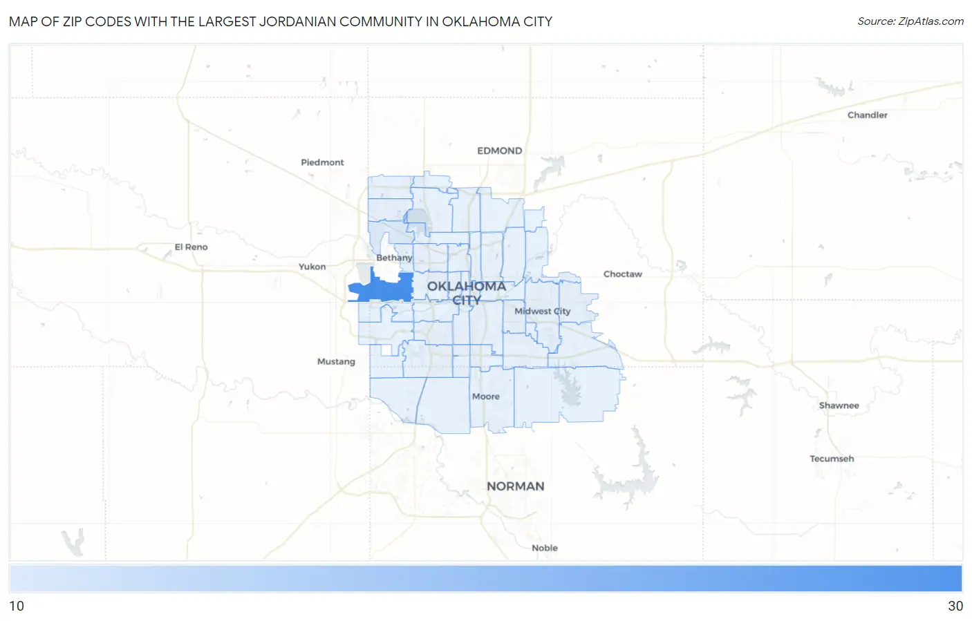 Zip Codes with the Largest Jordanian Community in Oklahoma City Map