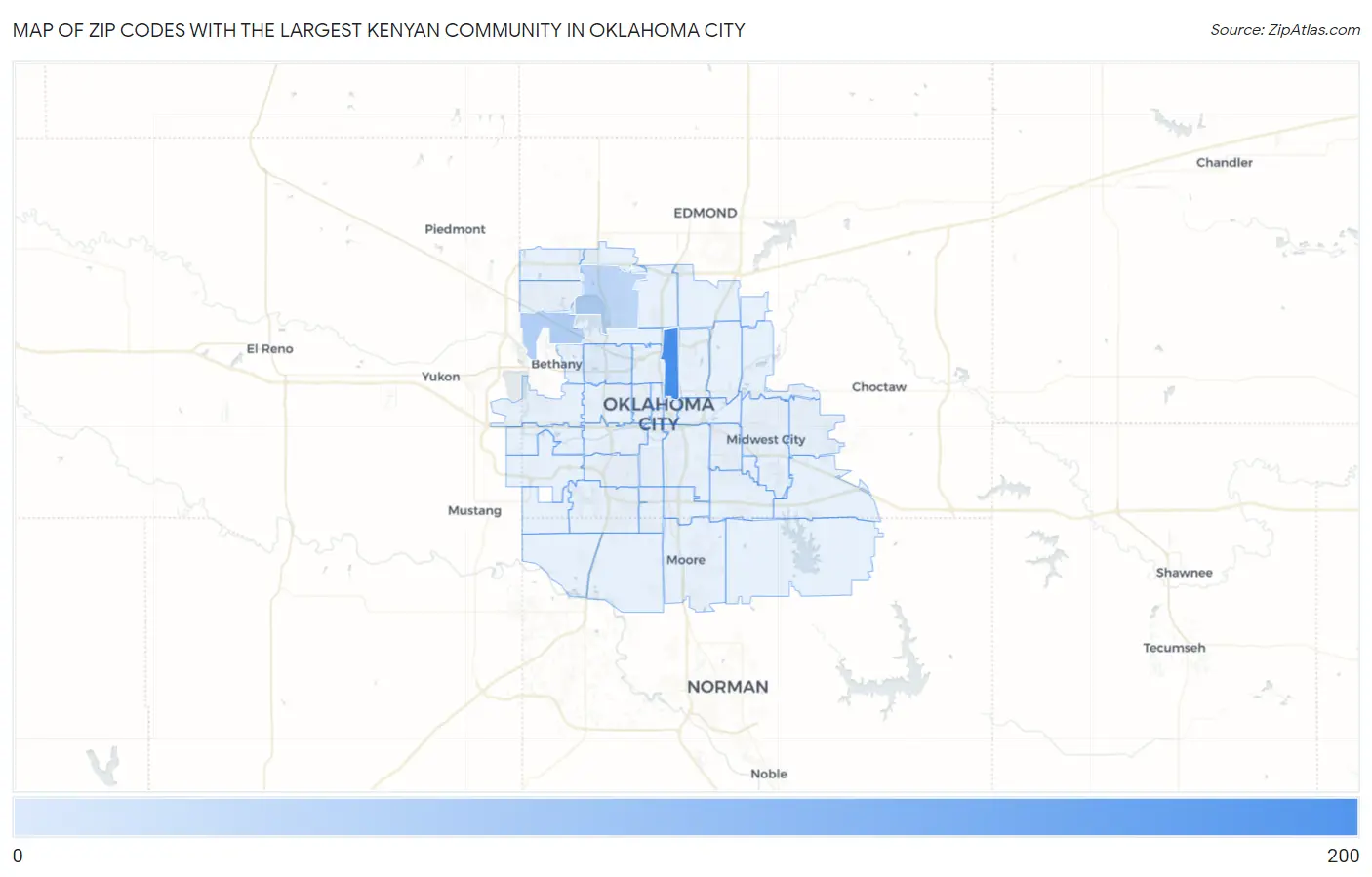 Zip Codes with the Largest Kenyan Community in Oklahoma City Map