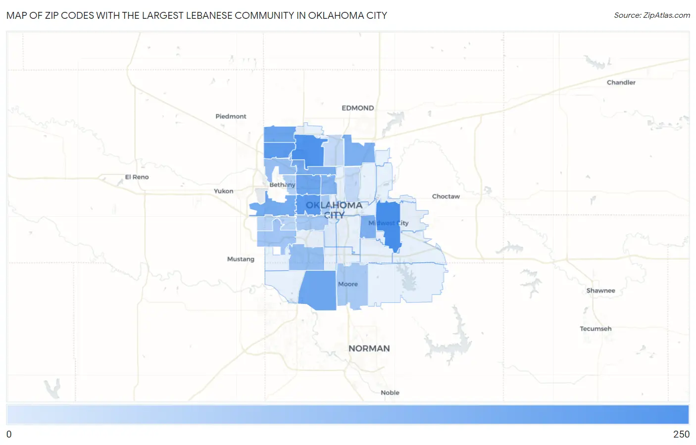 Zip Codes with the Largest Lebanese Community in Oklahoma City Map