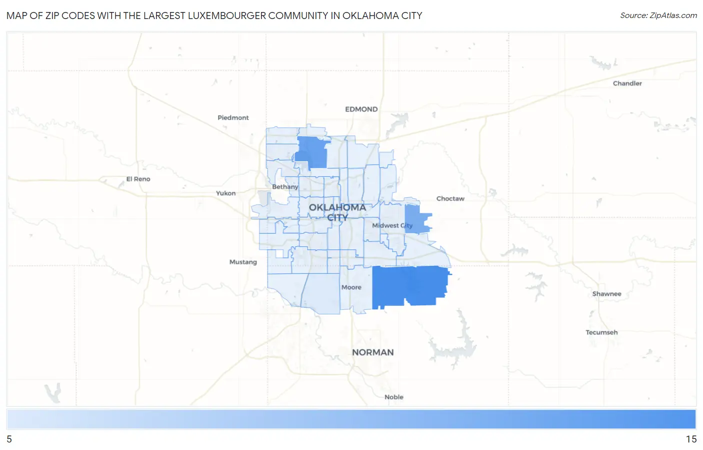 Zip Codes with the Largest Luxembourger Community in Oklahoma City Map