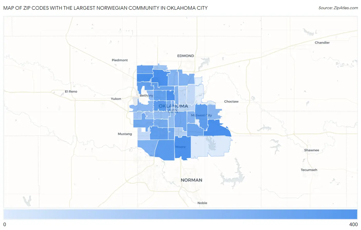 Zip Codes with the Largest Norwegian Community in Oklahoma City Map
