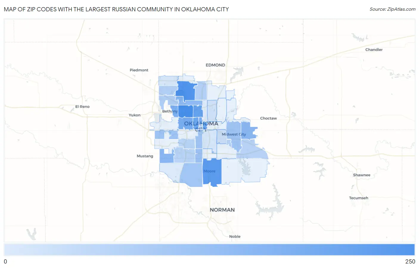 Zip Codes with the Largest Russian Community in Oklahoma City Map
