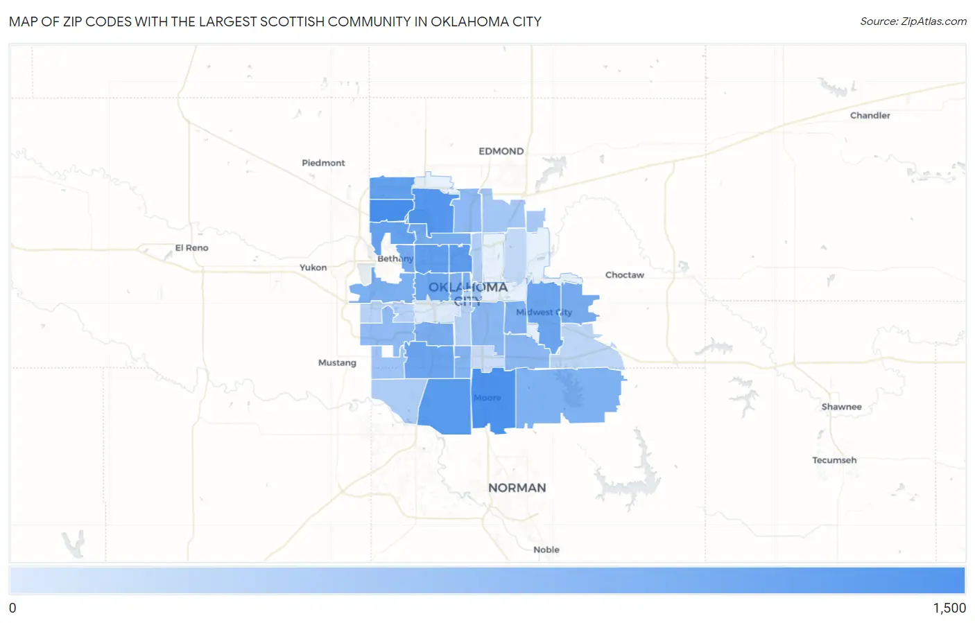 Zip Codes with the Largest Scottish Community in Oklahoma City Map