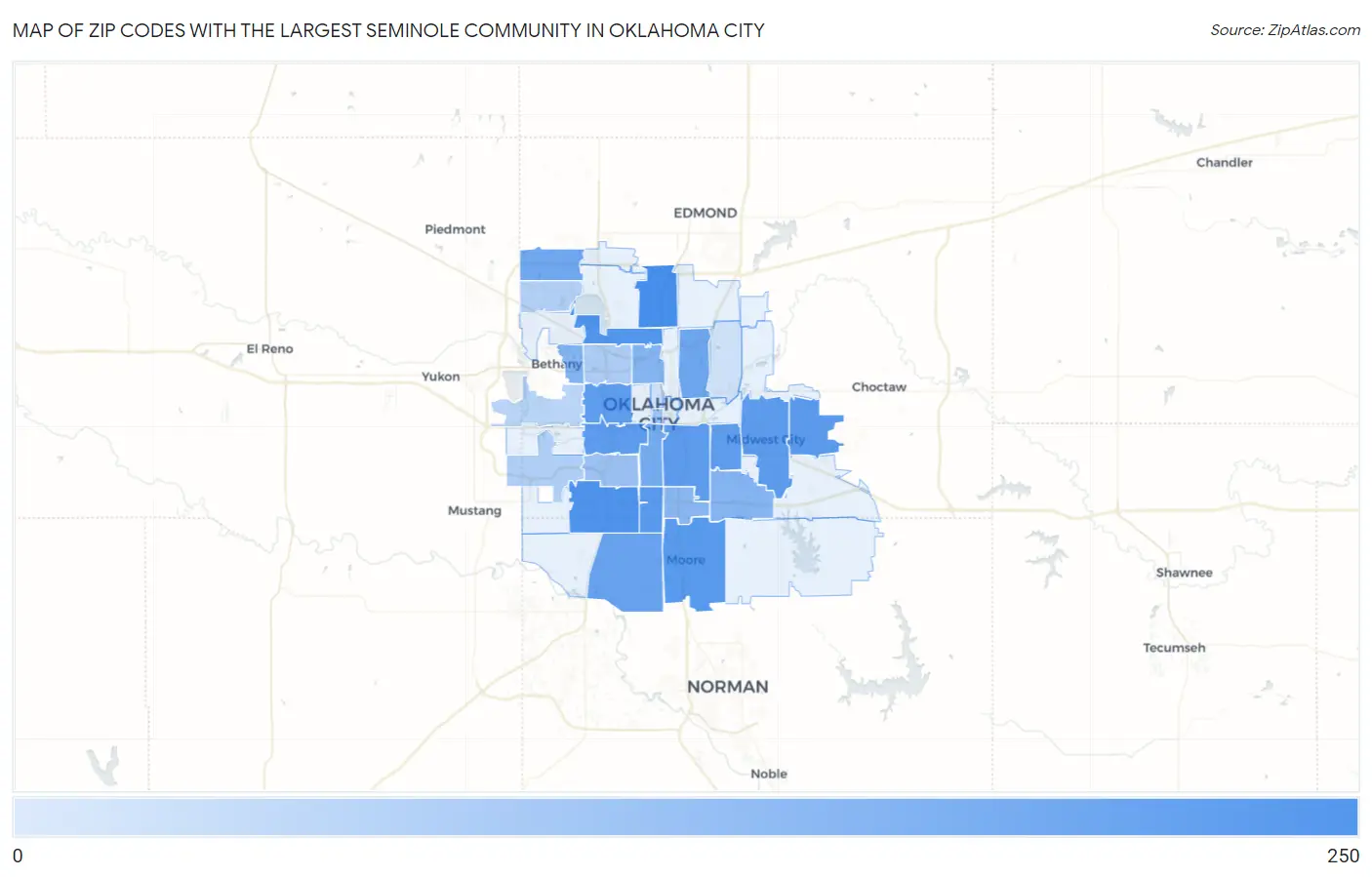 Zip Codes with the Largest Seminole Community in Oklahoma City Map