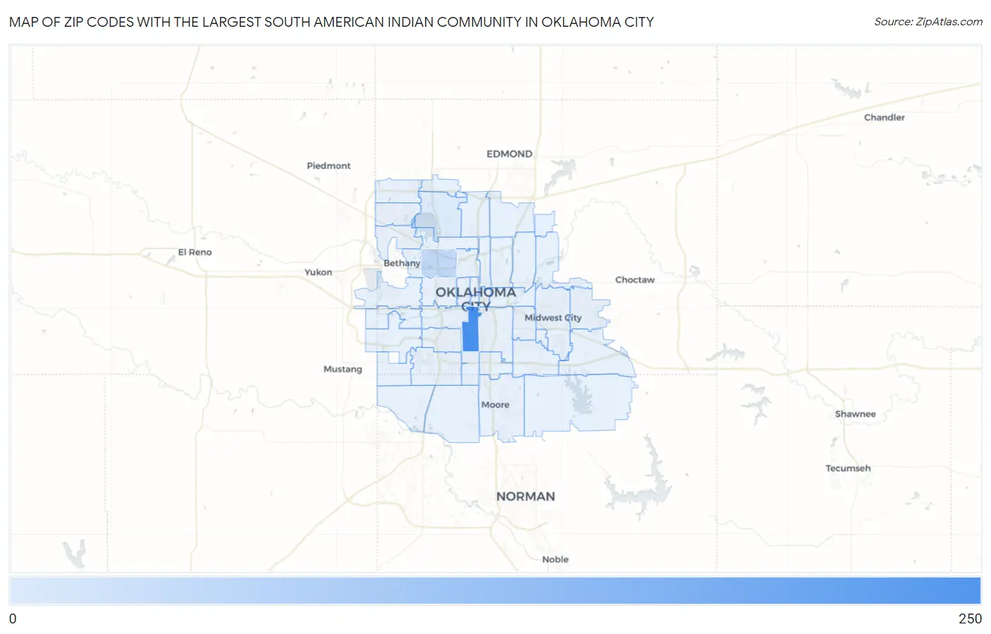 Zip Codes with the Largest South American Indian Community in Oklahoma City Map