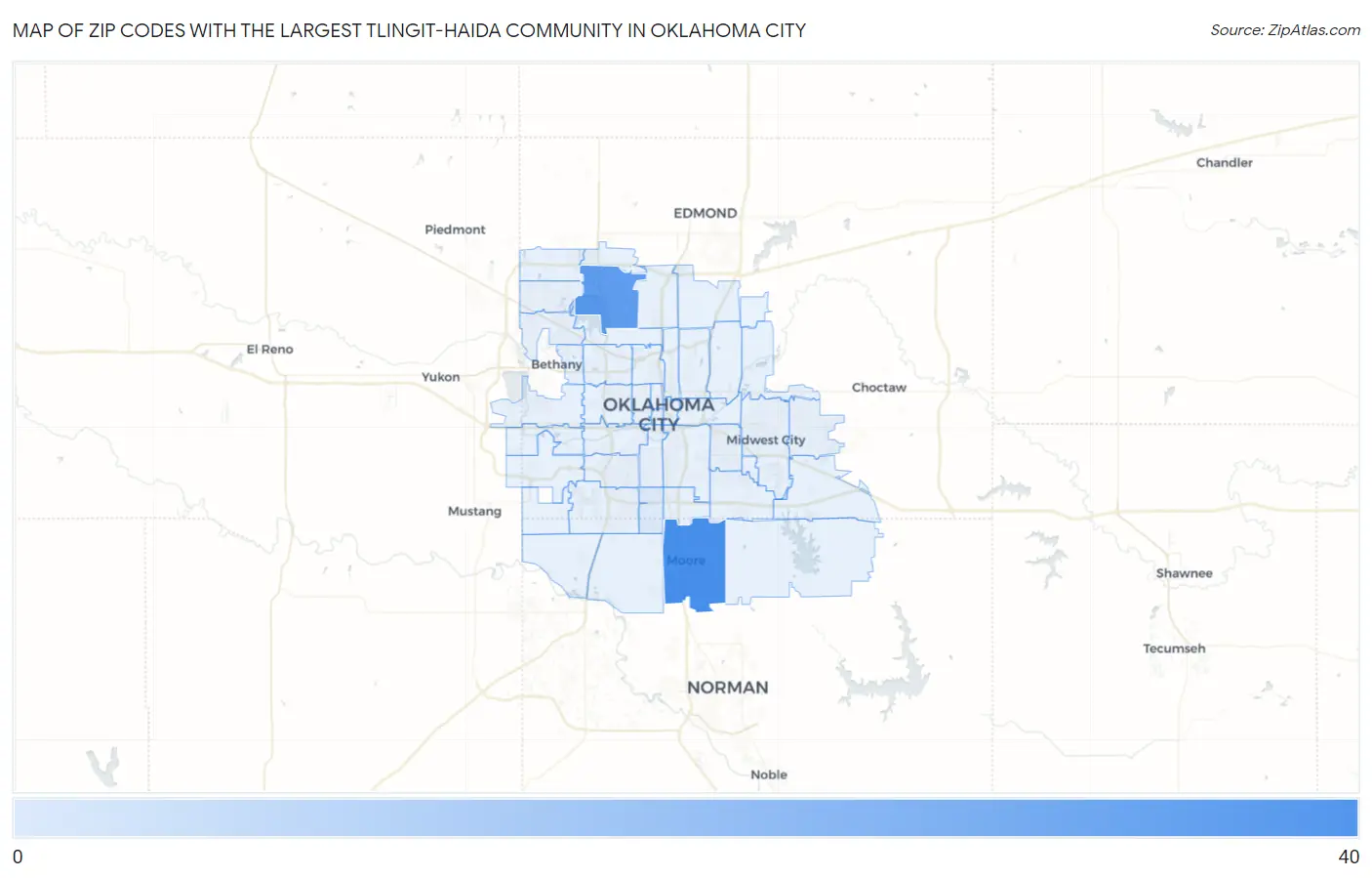 Zip Codes with the Largest Tlingit-Haida Community in Oklahoma City Map