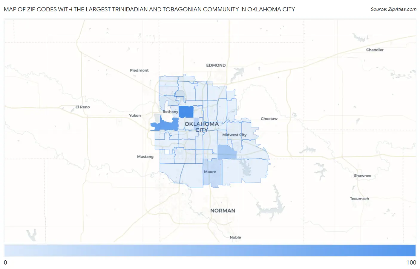 Zip Codes with the Largest Trinidadian and Tobagonian Community in Oklahoma City Map