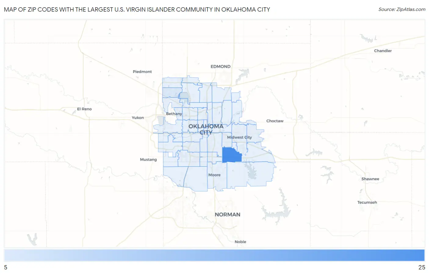 Zip Codes with the Largest U.S. Virgin Islander Community in Oklahoma City Map