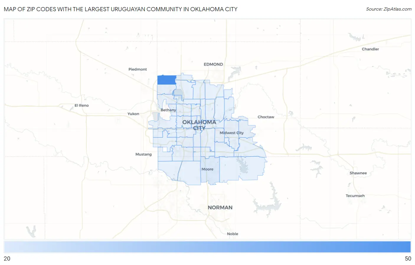 Zip Codes with the Largest Uruguayan Community in Oklahoma City Map