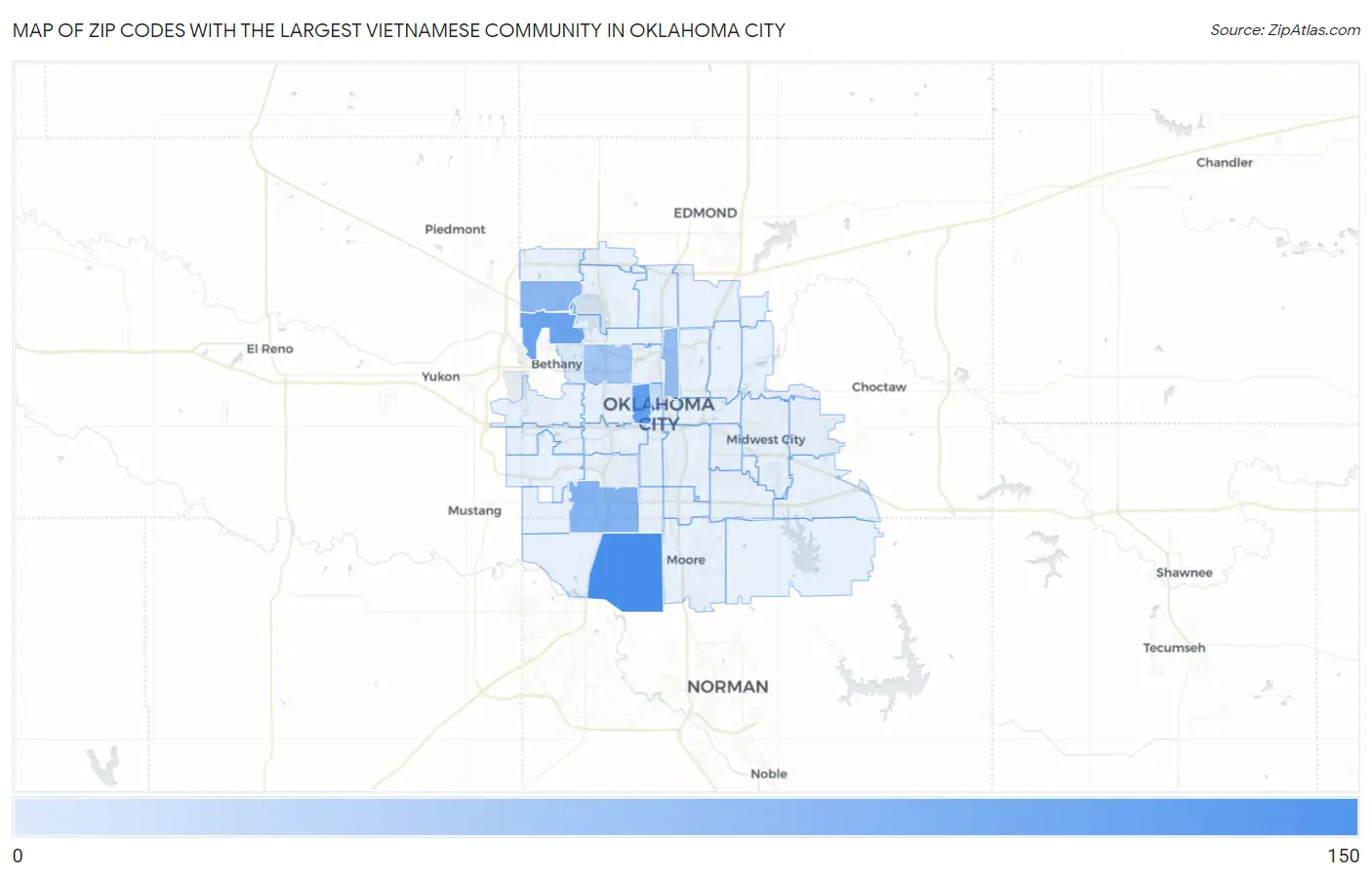 Zip Codes with the Largest Vietnamese Community in Oklahoma City Map