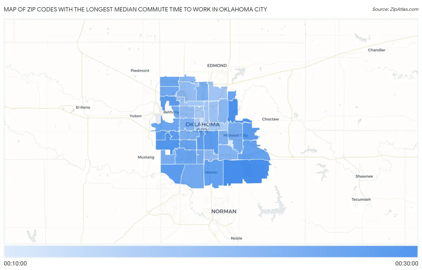 Zip Codes with the Longest Median Commute Time to Work in Oklahoma City Map