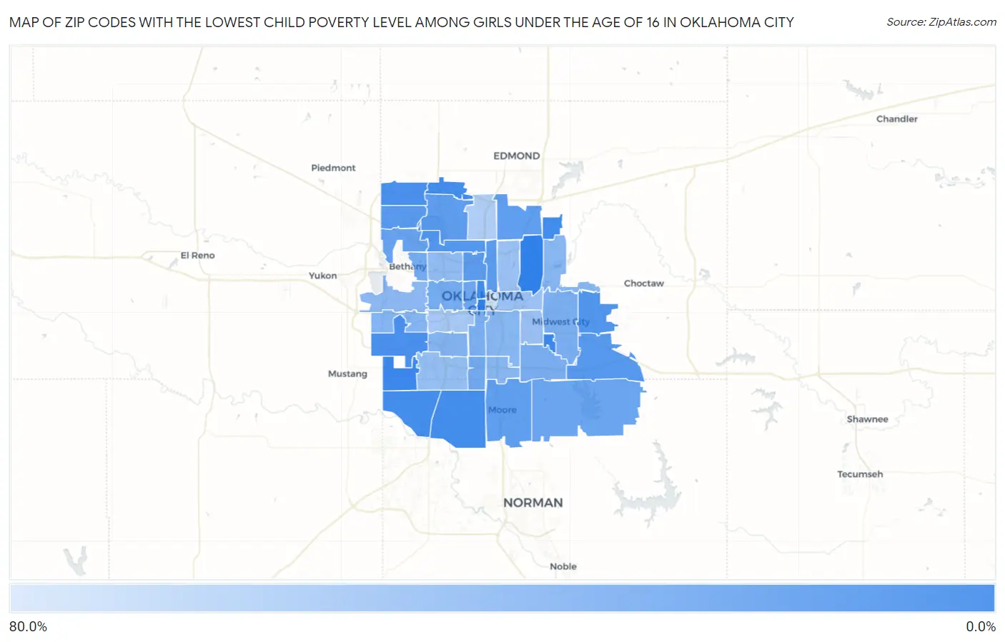 Zip Codes with the Lowest Child Poverty Level Among Girls Under the Age of 16 in Oklahoma City Map