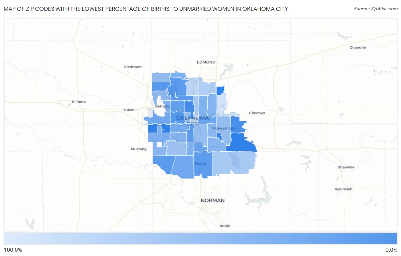 Zip Codes with the Lowest Percentage of Births to Unmarried Women in Oklahoma City Map