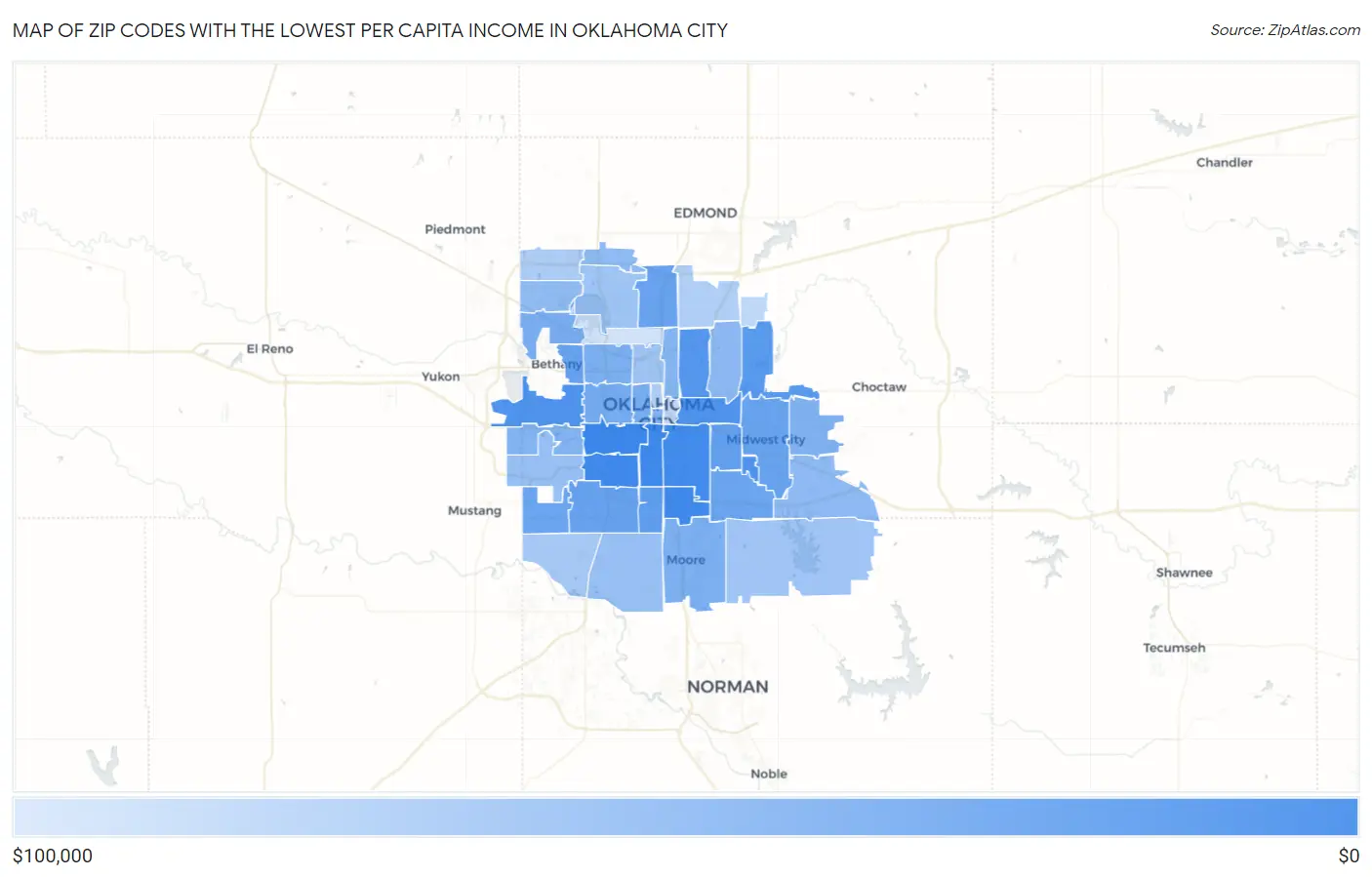 Zip Codes with the Lowest Per Capita Income in Oklahoma City Map