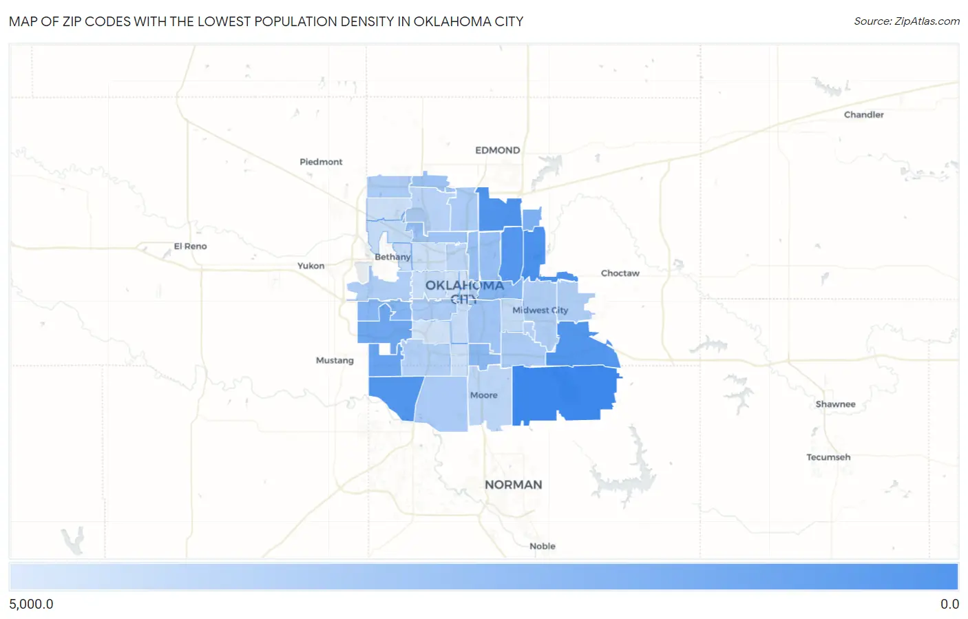 Zip Codes with the Lowest Population Density in Oklahoma City Map