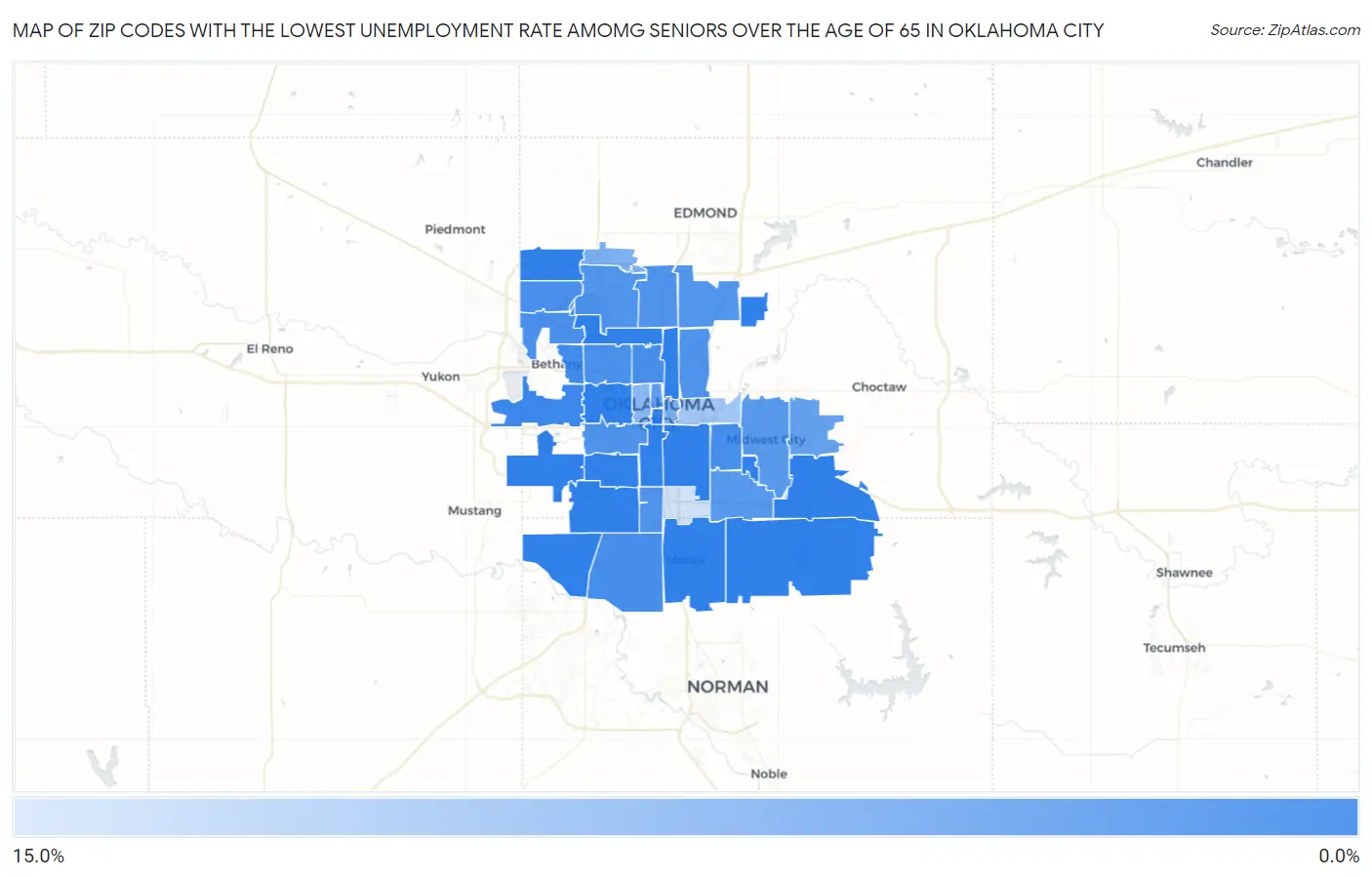 Zip Codes with the Lowest Unemployment Rate Amomg Seniors Over the Age of 65 in Oklahoma City Map