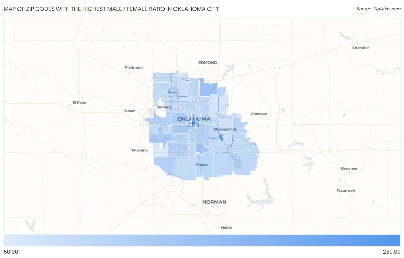Zip Codes with the Highest Male / Female Ratio in Oklahoma City Map
