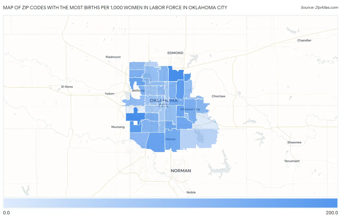 Zip Codes with the Most Births per 1,000 Women in Labor Force in Oklahoma City Map