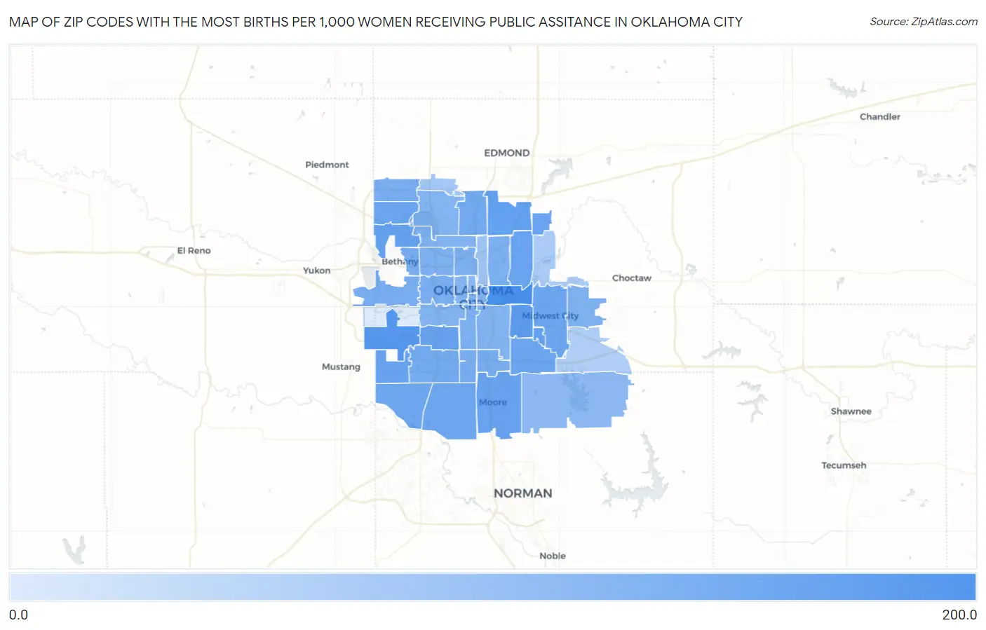 Zip Codes with the Most Births per 1,000 Women Receiving Public Assitance in Oklahoma City Map