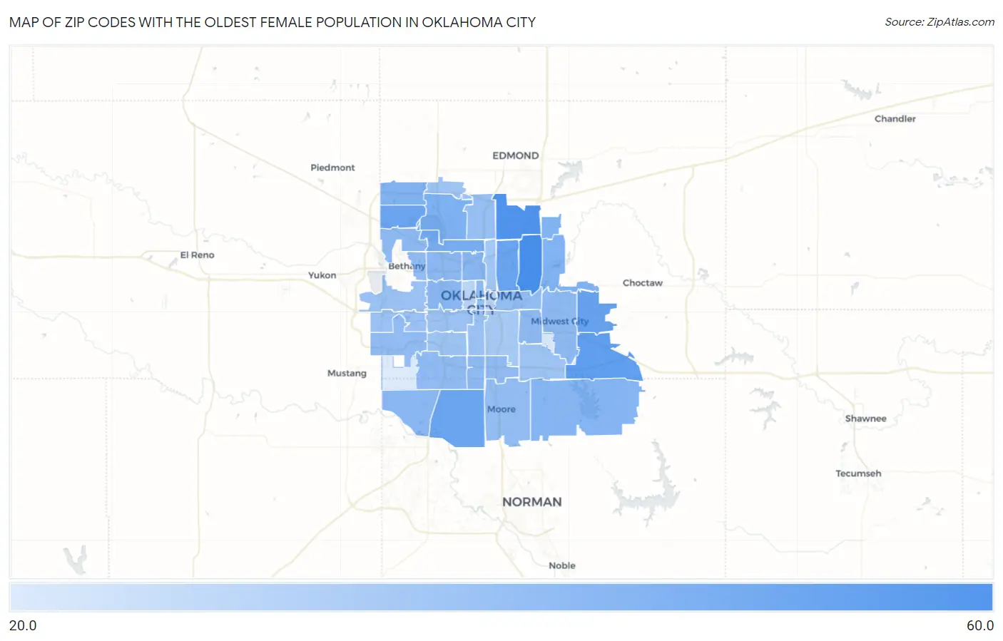 Zip Codes with the Oldest Female Population in Oklahoma City Map