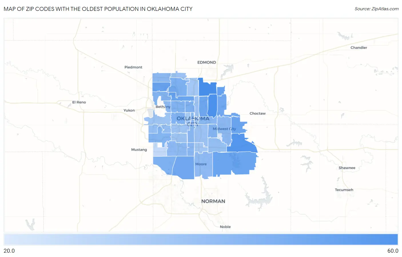 Zip Codes with the Oldest Population in Oklahoma City Map