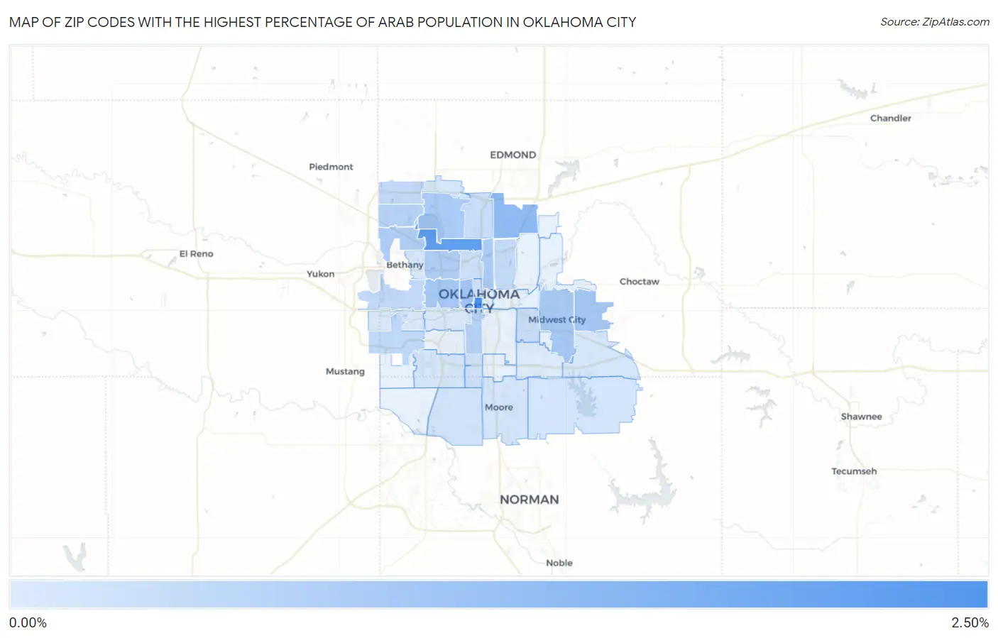 Zip Codes with the Highest Percentage of Arab Population in Oklahoma City Map