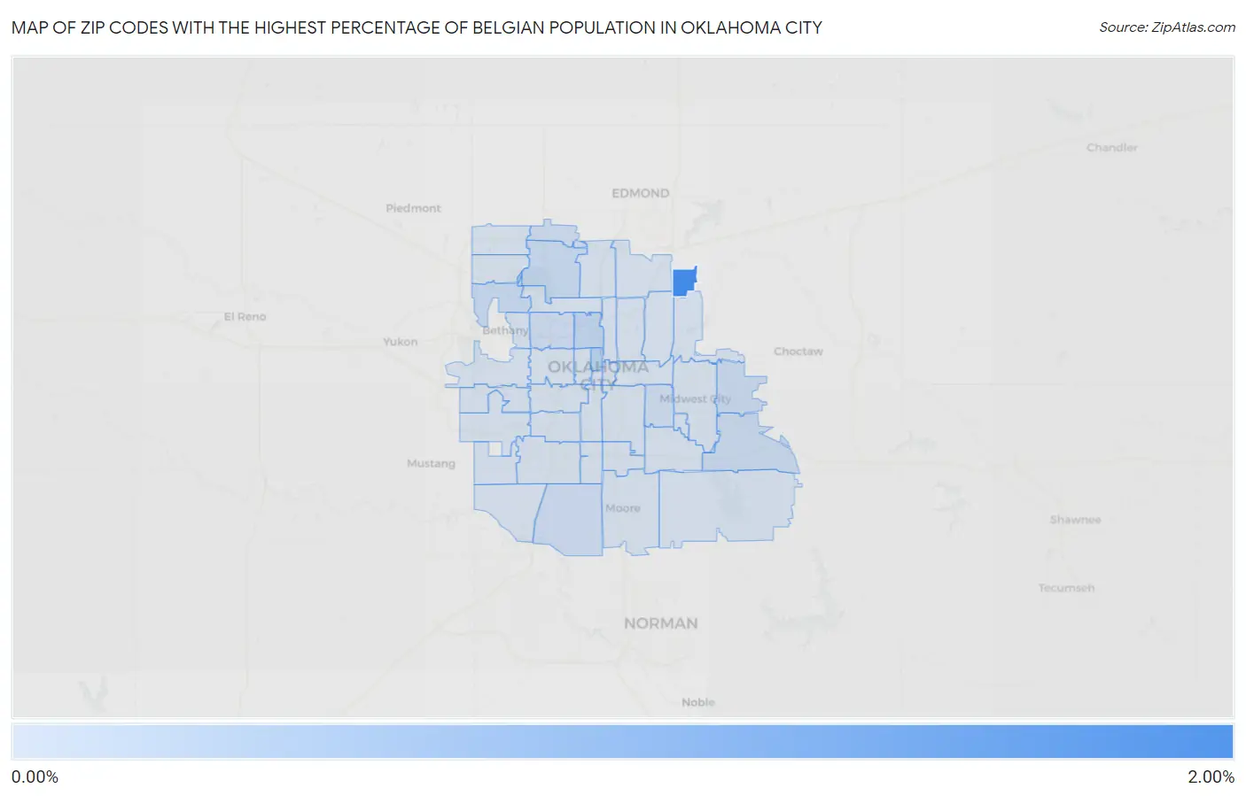 Zip Codes with the Highest Percentage of Belgian Population in Oklahoma City Map
