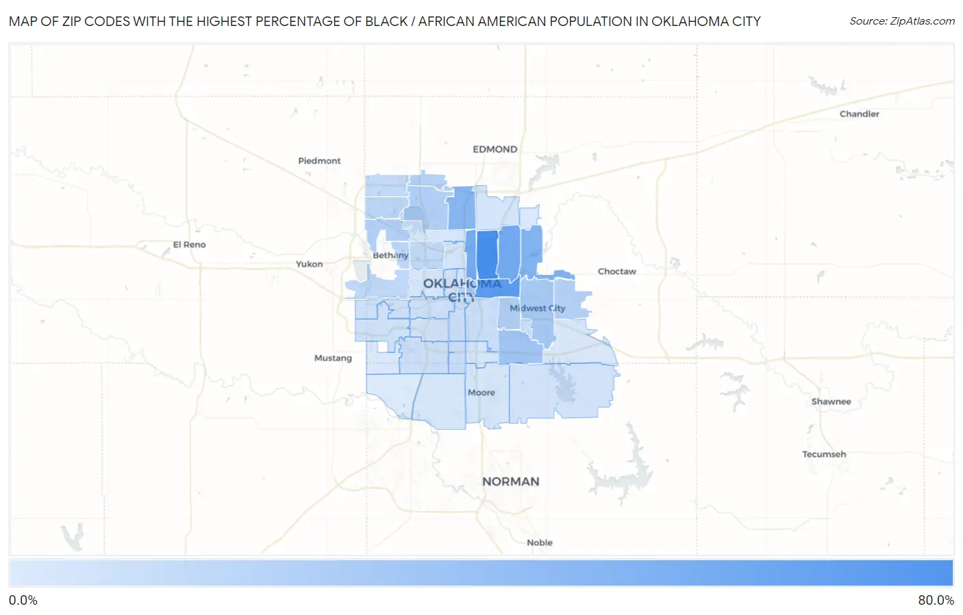 Zip Codes with the Highest Percentage of Black / African American Population in Oklahoma City Map