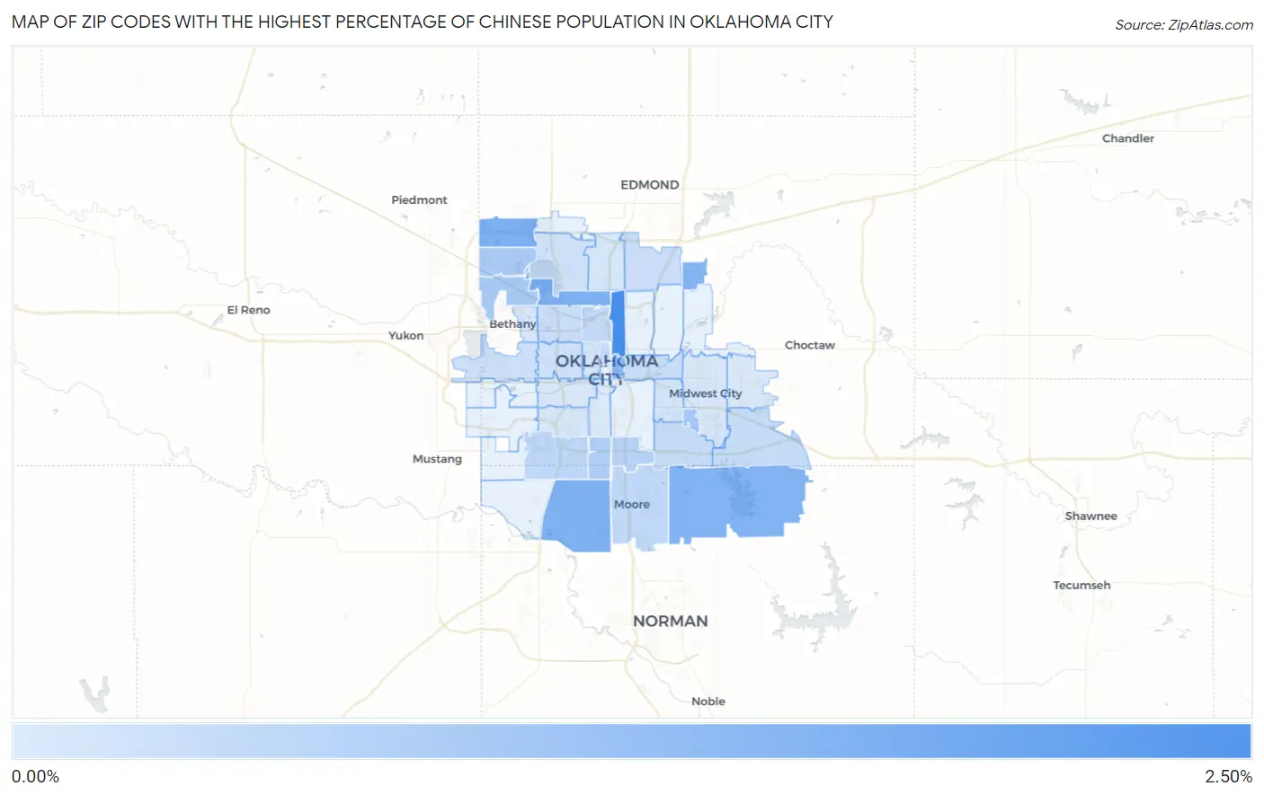 Zip Codes with the Highest Percentage of Chinese Population in Oklahoma City Map