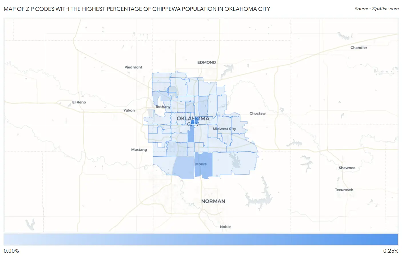 Zip Codes with the Highest Percentage of Chippewa Population in Oklahoma City Map