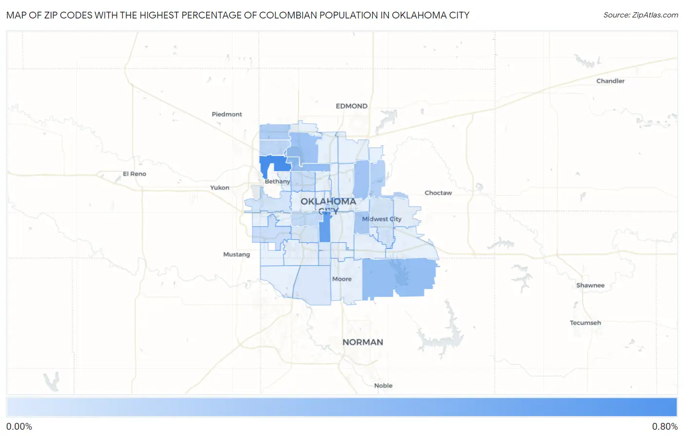 Zip Codes with the Highest Percentage of Colombian Population in Oklahoma City Map