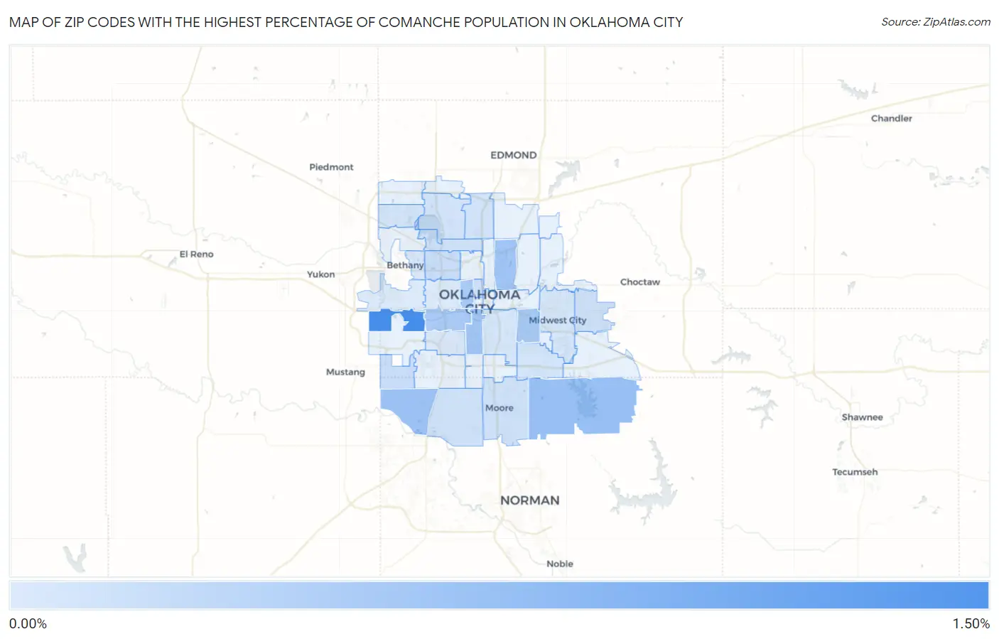 Zip Codes with the Highest Percentage of Comanche Population in Oklahoma City Map