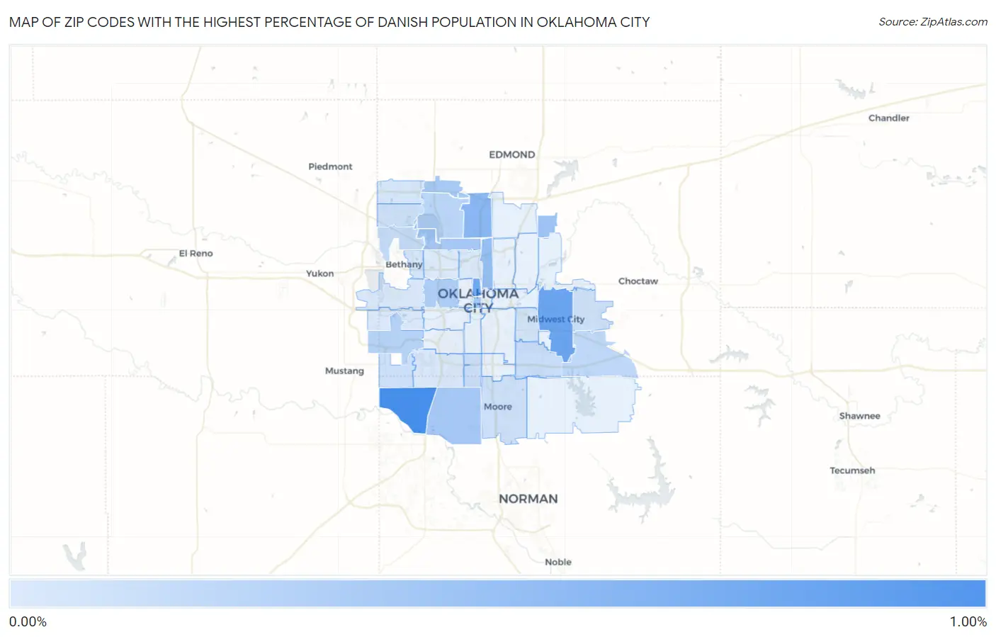 Zip Codes with the Highest Percentage of Danish Population in Oklahoma City Map