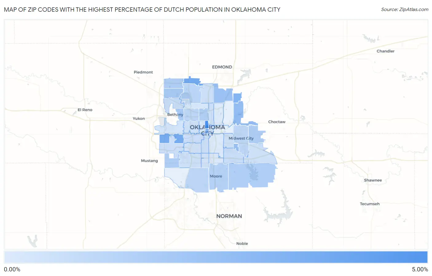 Zip Codes with the Highest Percentage of Dutch Population in Oklahoma City Map