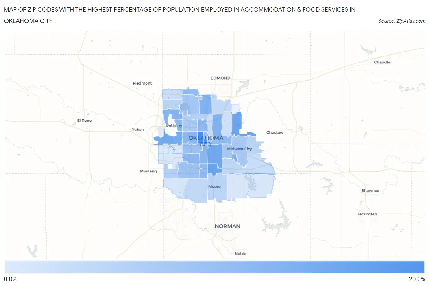 Zip Codes with the Highest Percentage of Population Employed in Accommodation & Food Services in Oklahoma City Map