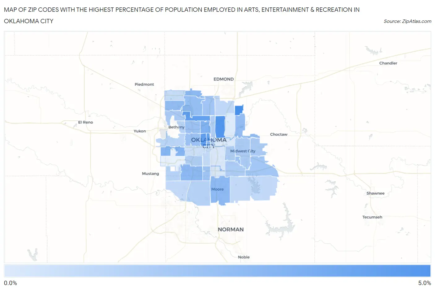 Zip Codes with the Highest Percentage of Population Employed in Arts, Entertainment & Recreation in Oklahoma City Map