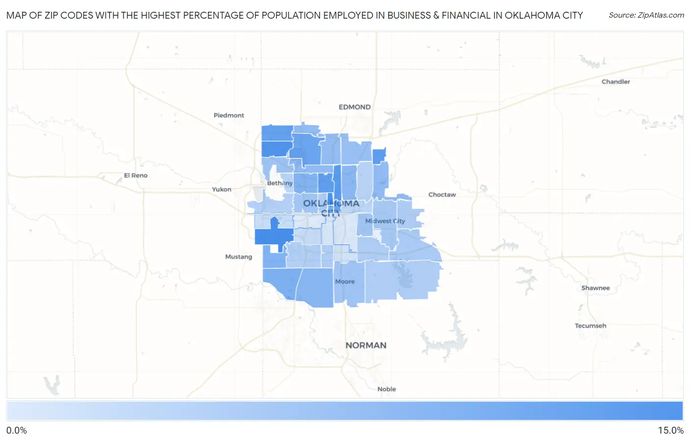 Zip Codes with the Highest Percentage of Population Employed in Business & Financial in Oklahoma City Map