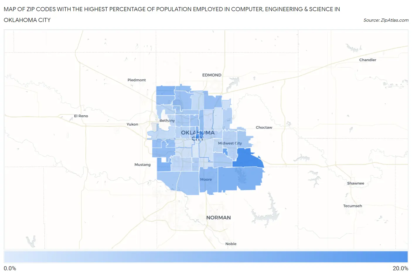 Zip Codes with the Highest Percentage of Population Employed in Computer, Engineering & Science in Oklahoma City Map