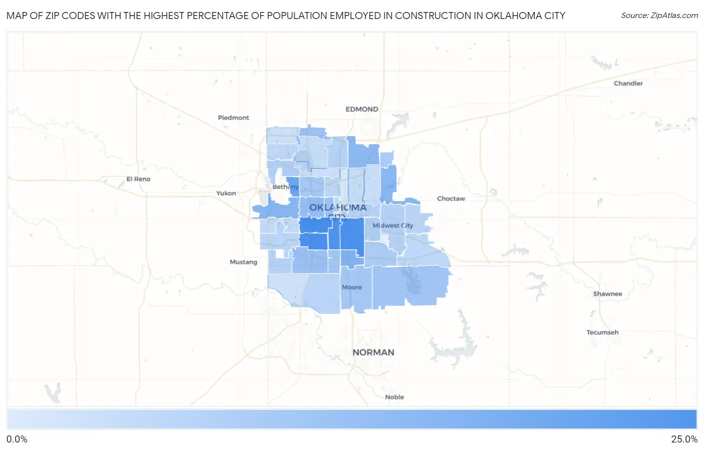 Zip Codes with the Highest Percentage of Population Employed in Construction in Oklahoma City Map