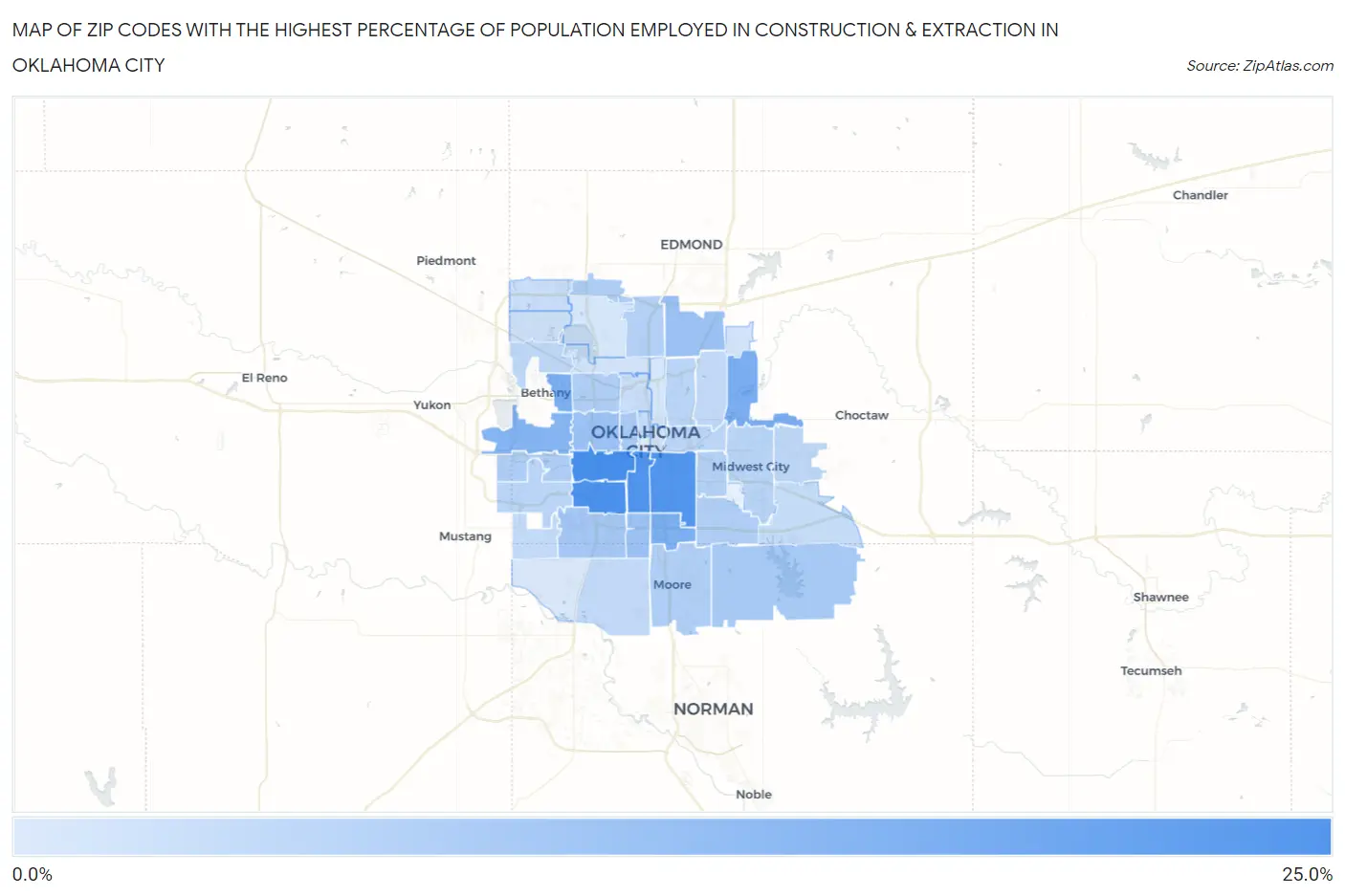 Zip Codes with the Highest Percentage of Population Employed in Construction & Extraction in Oklahoma City Map