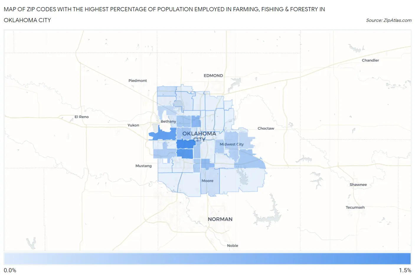 Zip Codes with the Highest Percentage of Population Employed in Farming, Fishing & Forestry in Oklahoma City Map