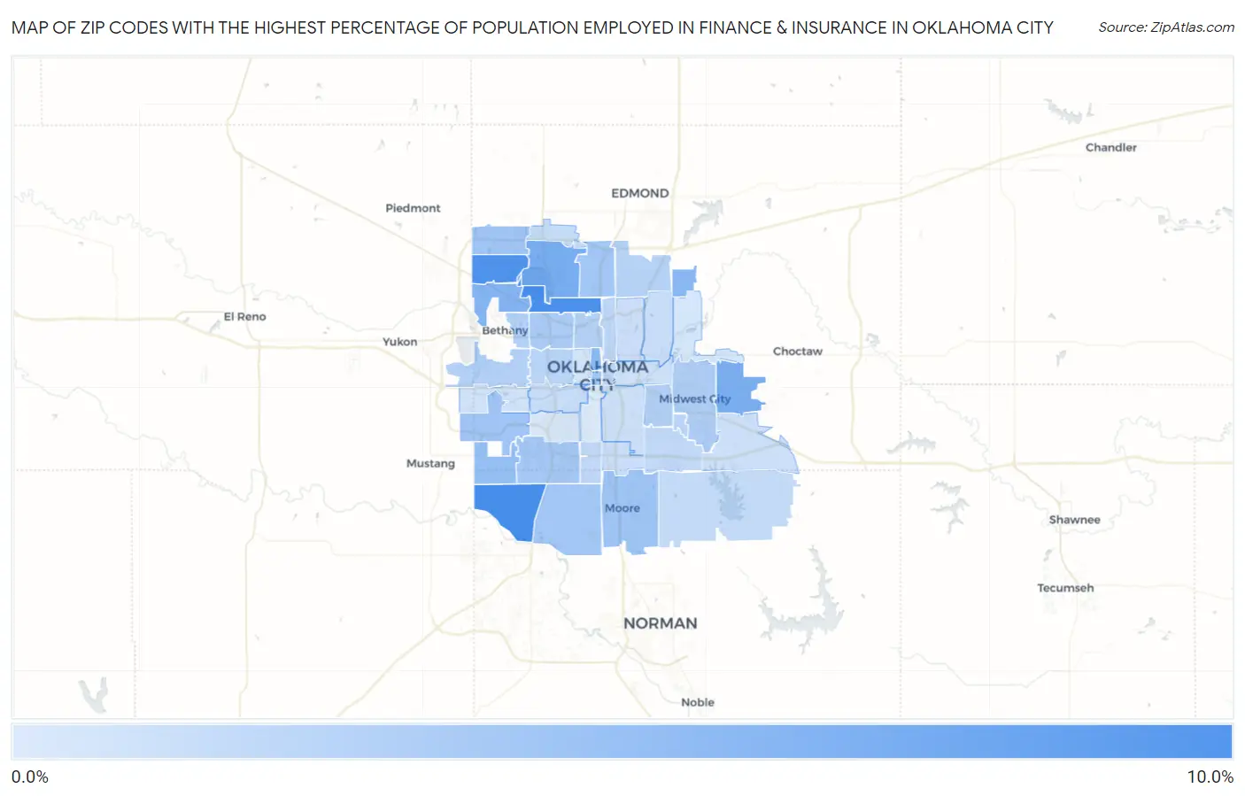 Zip Codes with the Highest Percentage of Population Employed in Finance & Insurance in Oklahoma City Map